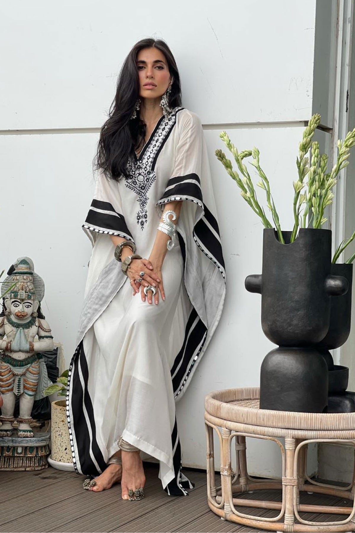 kaftan dress black and white ELGA Kaftan Maxi Long Dress Soft Breathable Rayon Fabric Tribal Black White African Patterns Boho Festival Elegant Shamanic AJJAYA