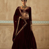 Burgundy Embroidered Velvet Lehenga