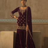Wine Precious Stones Gharara Set