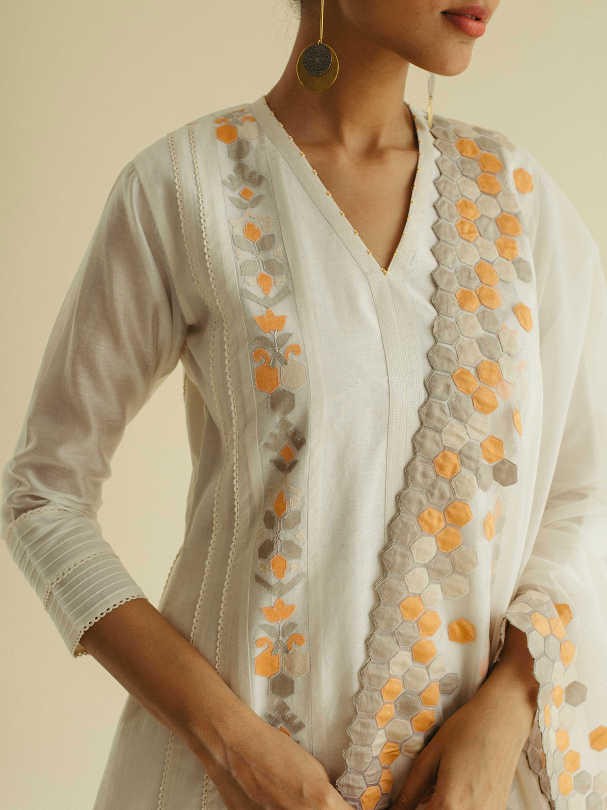 Ivory Appliqué Panel Kurta Set with Heavy Appliqué Dupatta