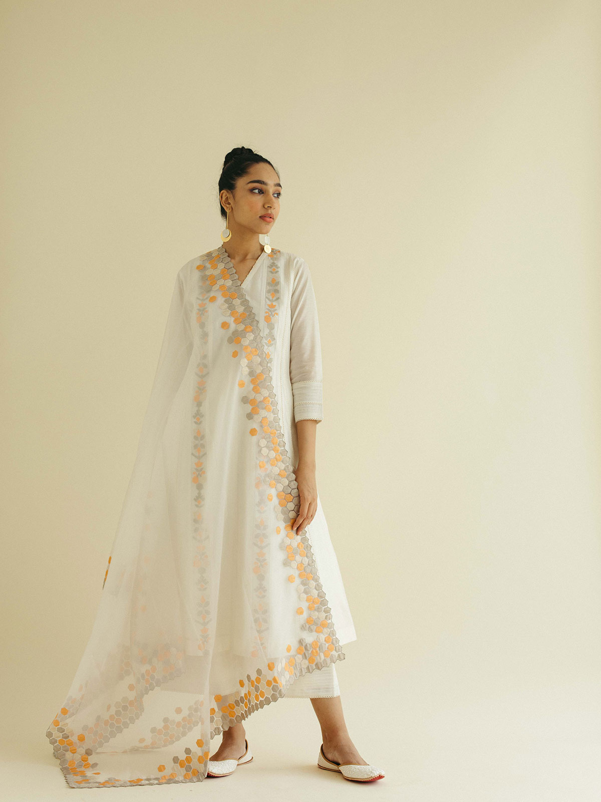 Ivory Appliqué Panel Kurta Set with Heavy Appliqué Dupatta