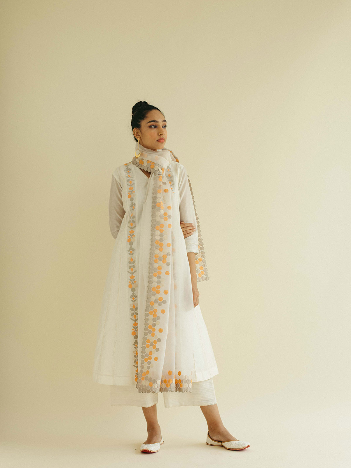 Ivory Appliqué Panel Kurta Set with Heavy Appliqué Dupatta