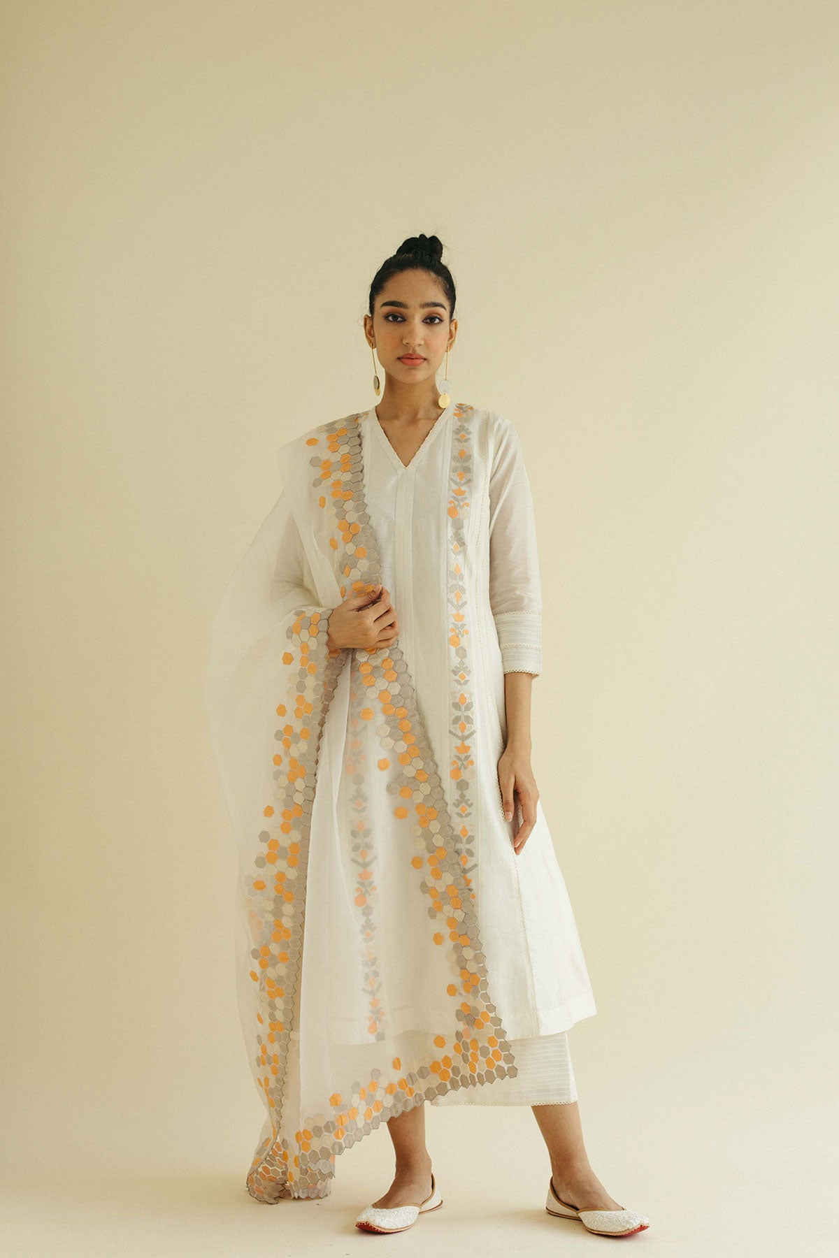 Ivory Appliqué Panel Kurta Set with Heavy Appliqué Dupatta