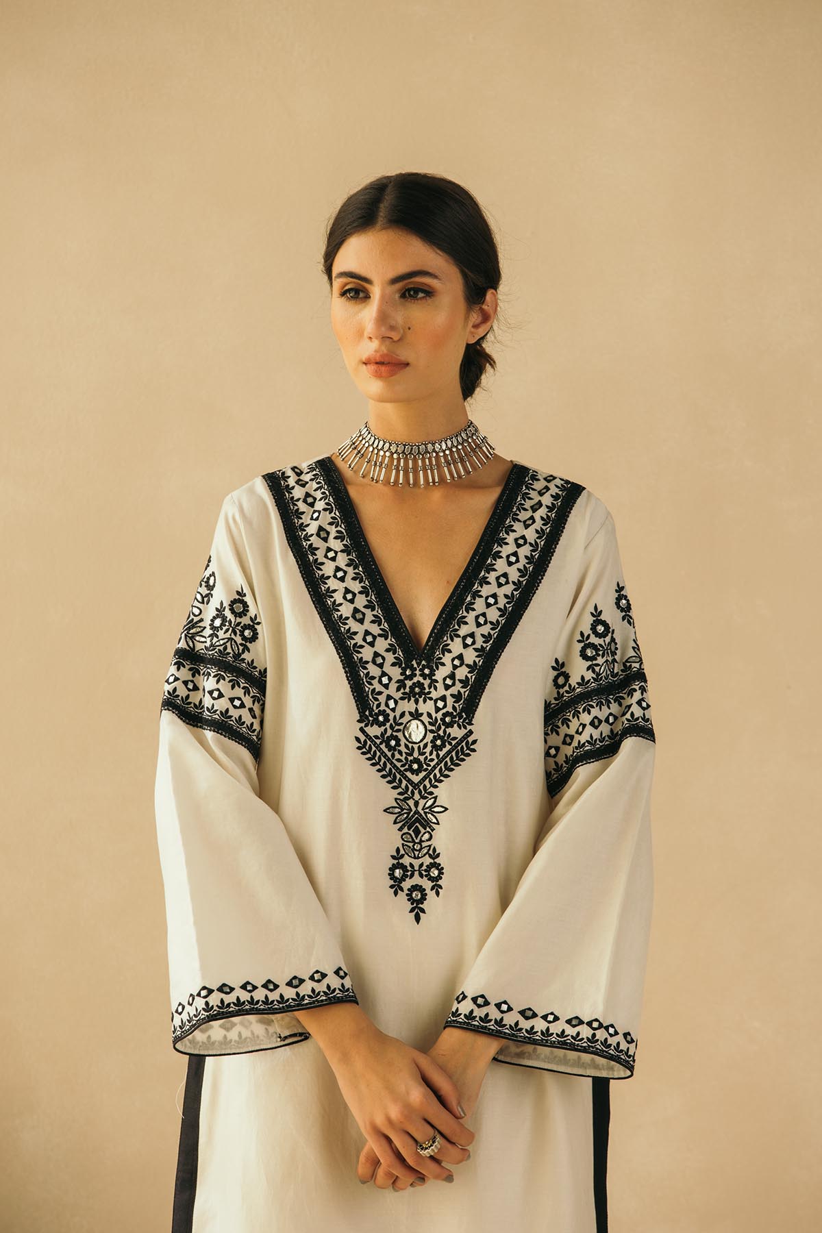 Straight Ebony & Ivory Appliqued Kurta Set