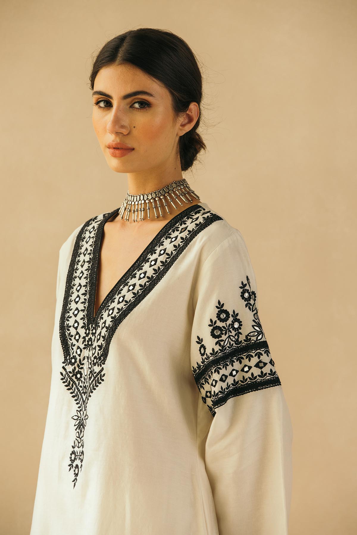Straight Ebony & Ivory Appliqued Kurta Set