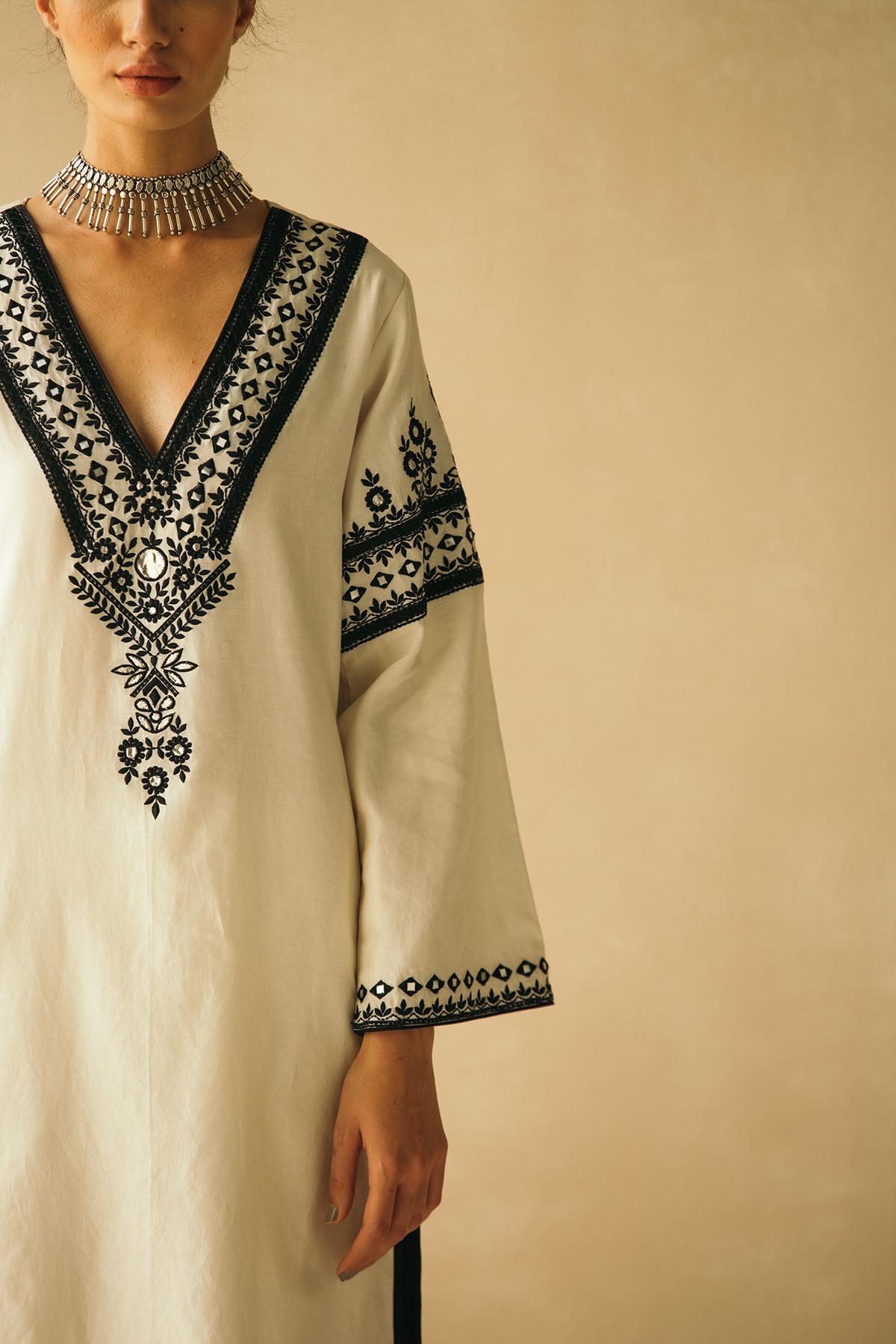 Straight Ebony & Ivory Appliqued Kurta Set