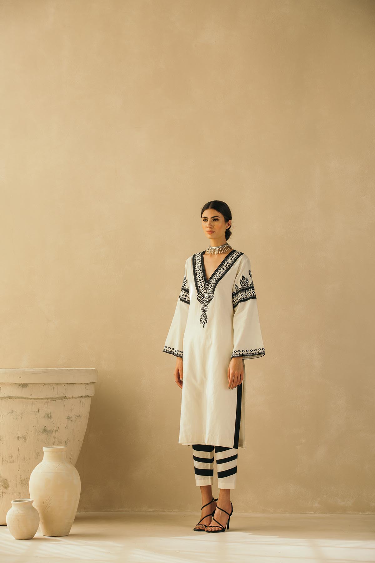 Straight Ebony & Ivory Appliqued Kurta Set