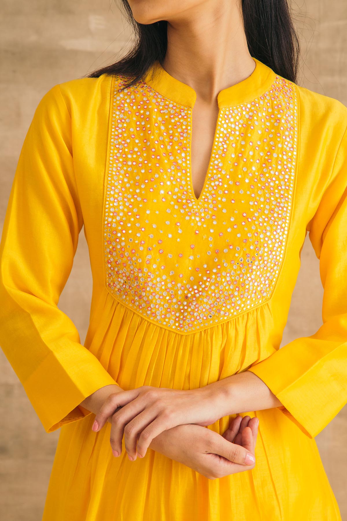 Yellow Embroidered Mirror Yoke Kurta Set