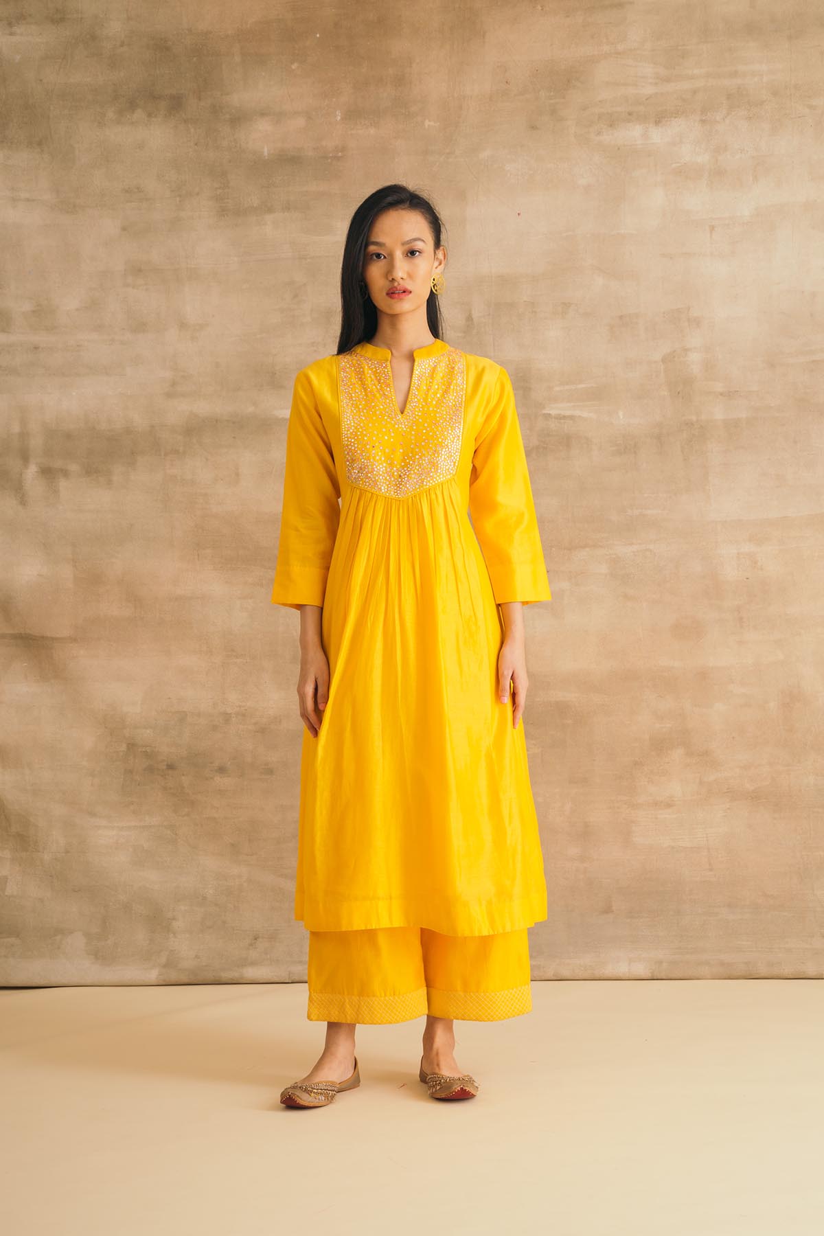 Yellow Embroidered Mirror Yoke Kurta Set