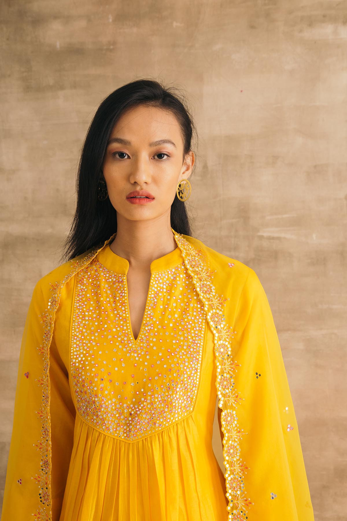 Yellow Embroidered Mirror Yoke Kurta Set