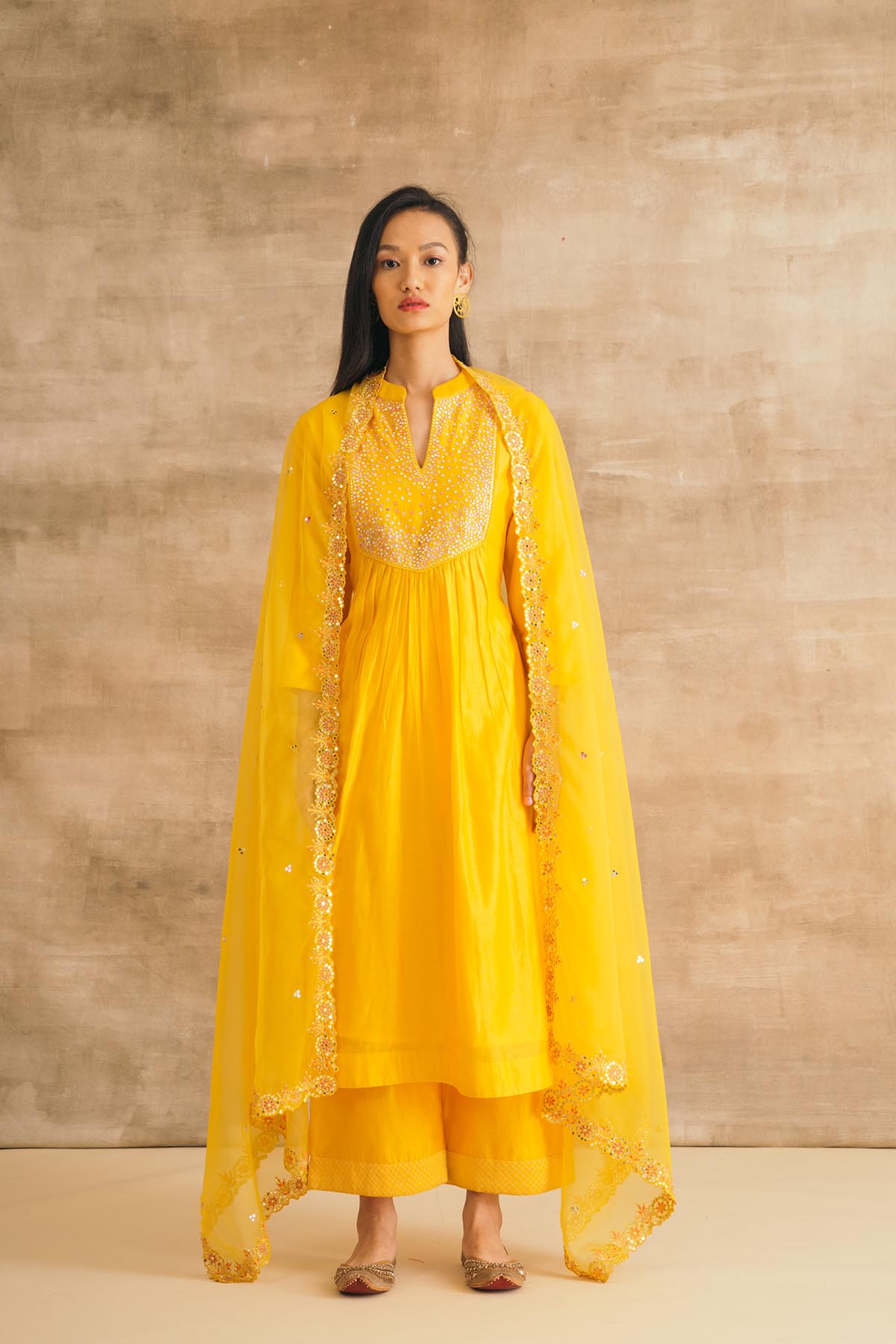 Yellow Embroidered Mirror Yoke Kurta Set