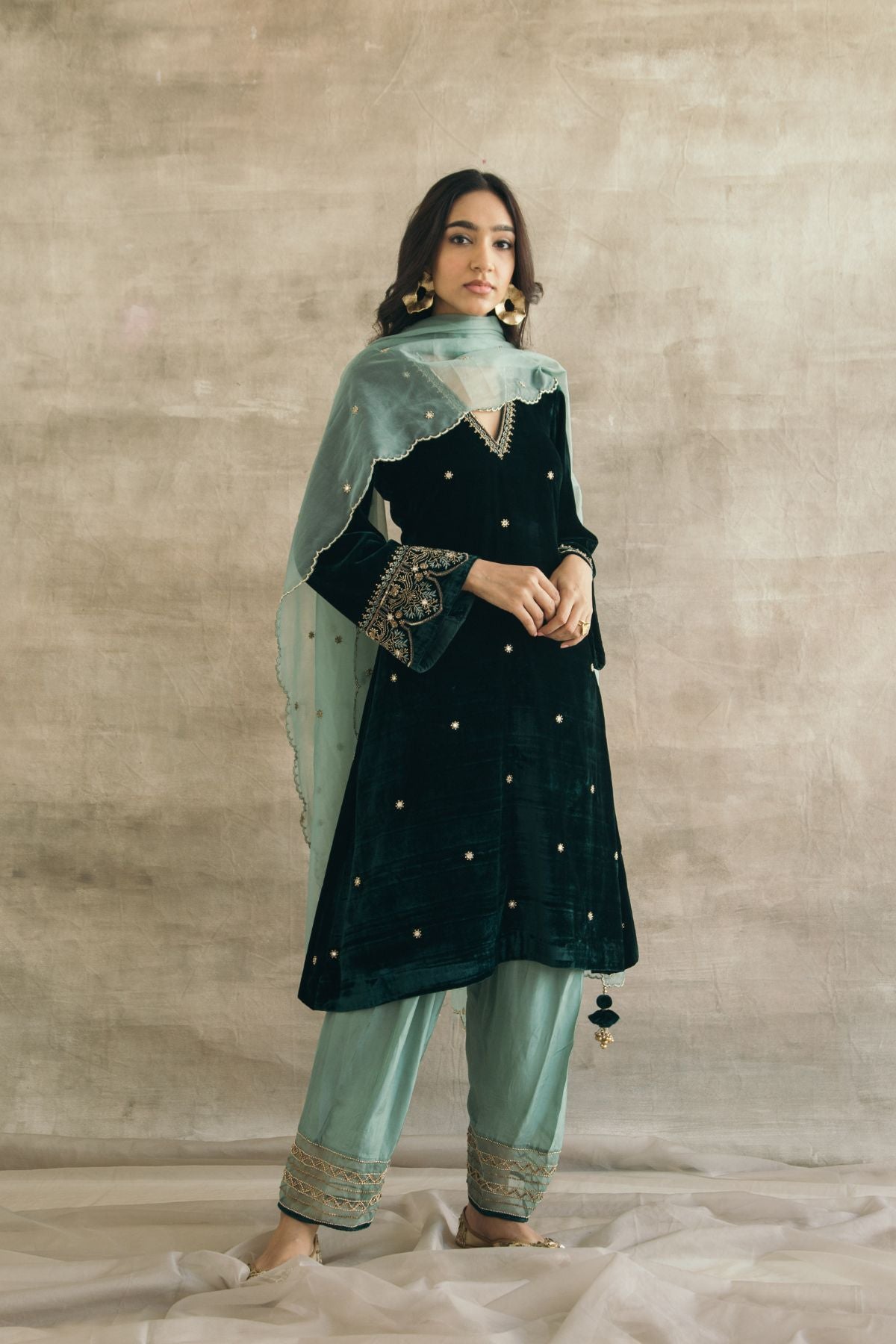 Silk Velvet Contrast Kurta Set-RTS