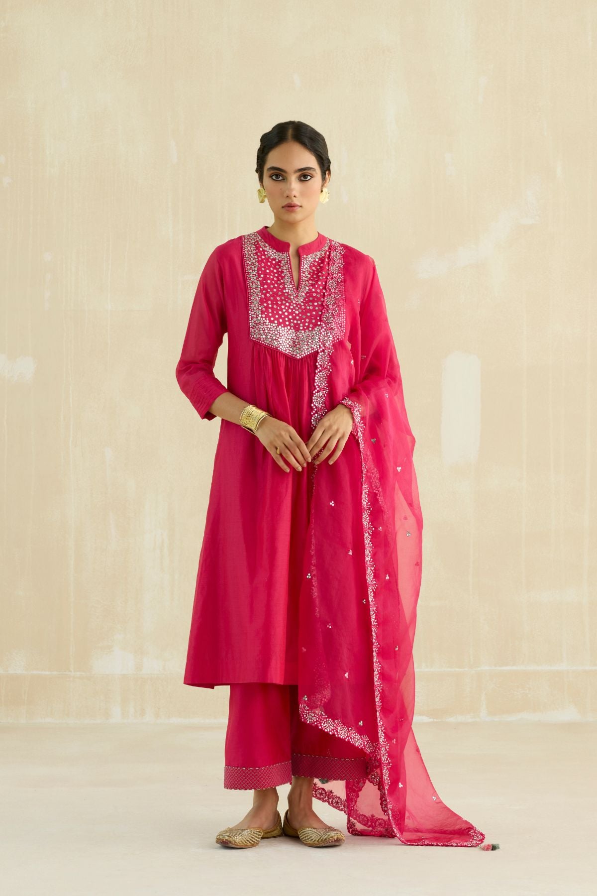 Crimson Magenta Mirror Yoke Kurta Set