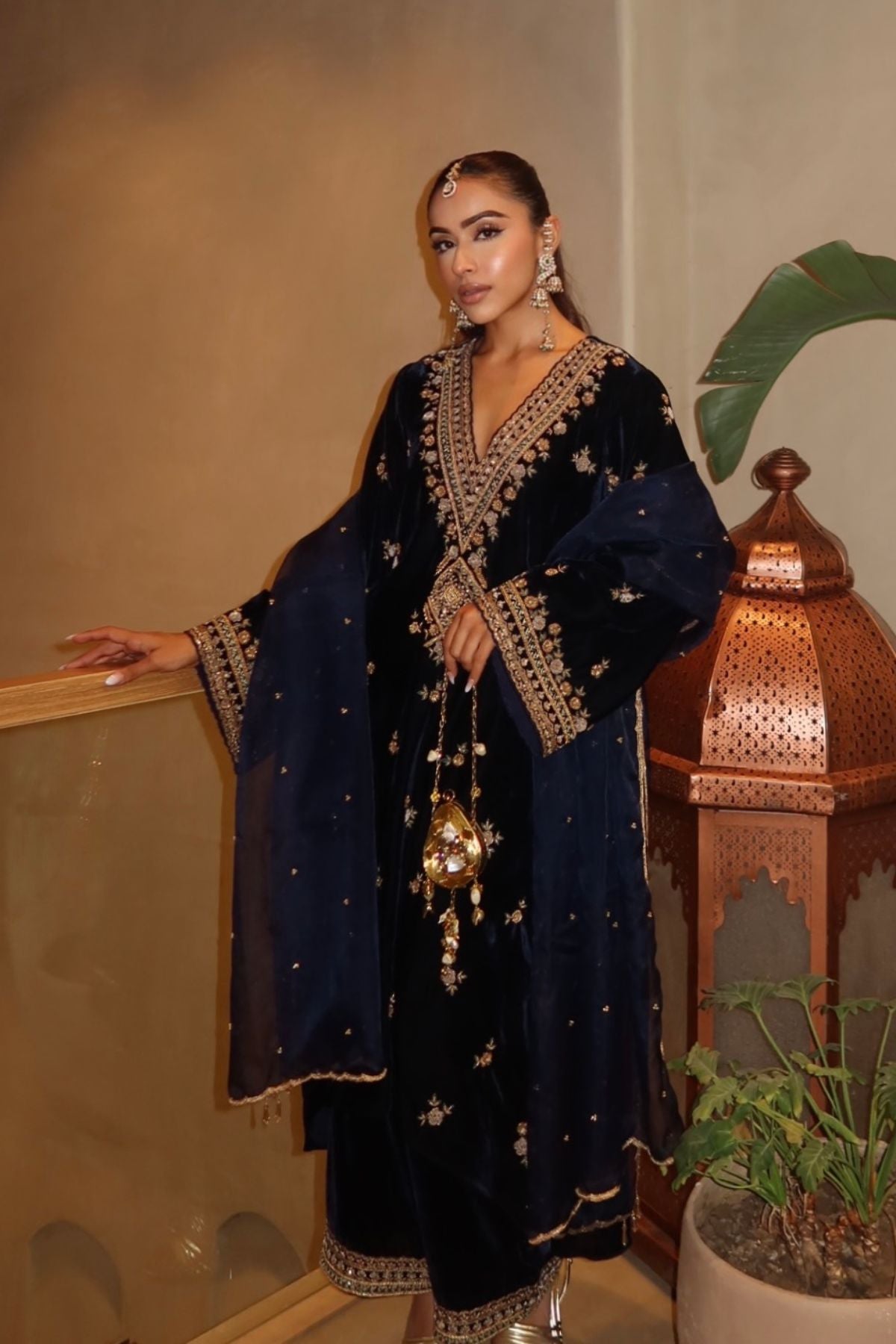 Navy Embroidered Mughal Yoke Kurta Set