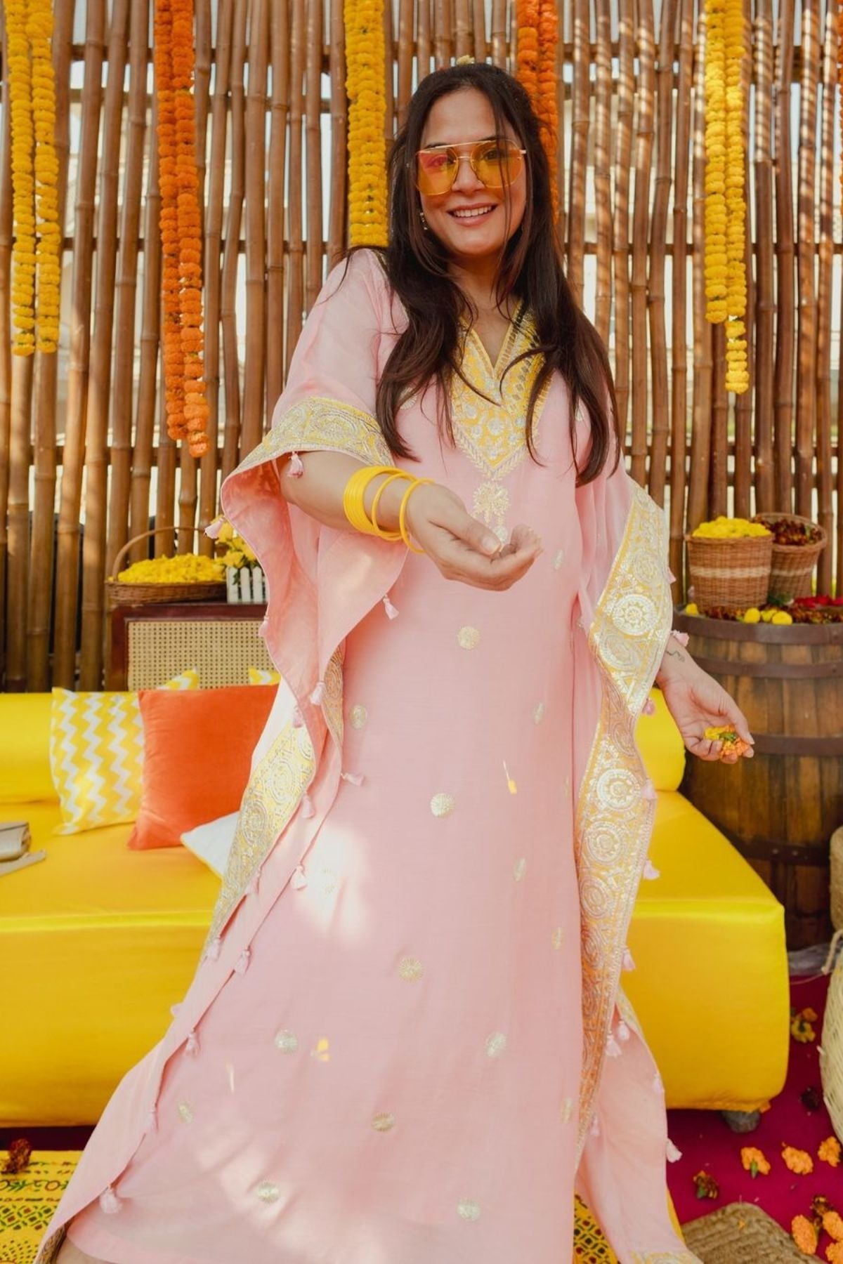 Blush Pink Gota Embroidered Kaftan