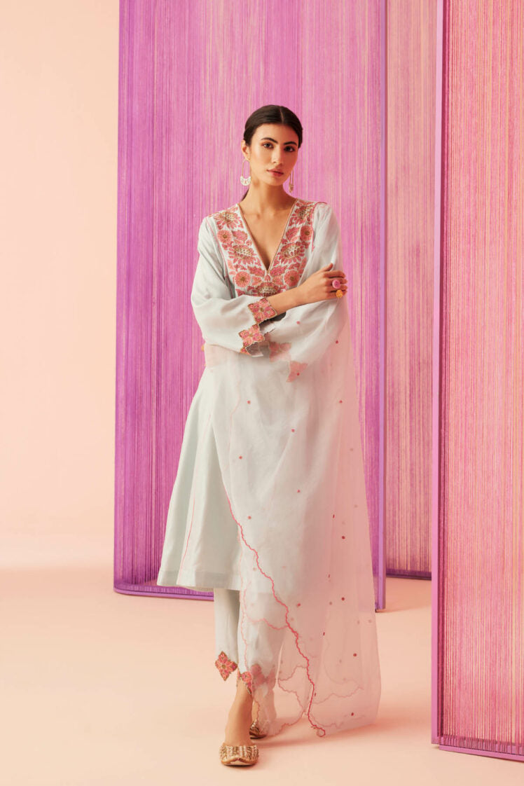 Summer Blooms V-Neck Kurta Set-RTS