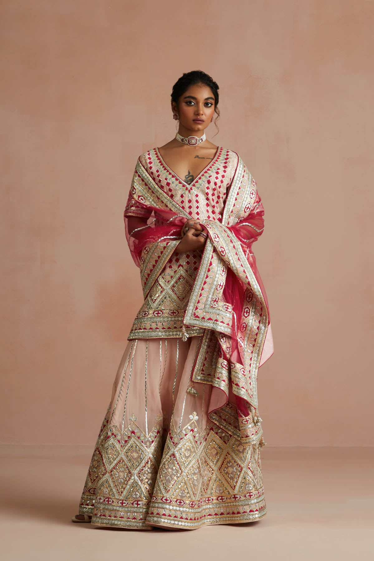 Blush Pink & Crimson Gota Embroidered Gharara Set-RTS