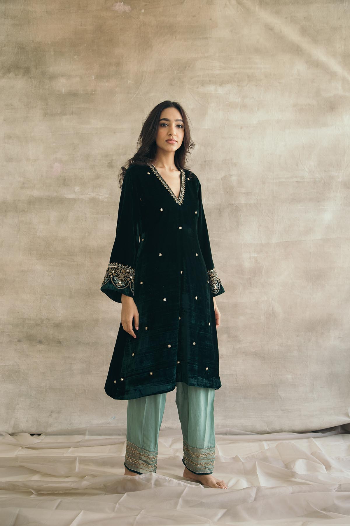 Silk Velvet Contrast Kurta Set