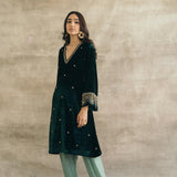 Bottle Green Silk Velvet Contrast Kurta Set