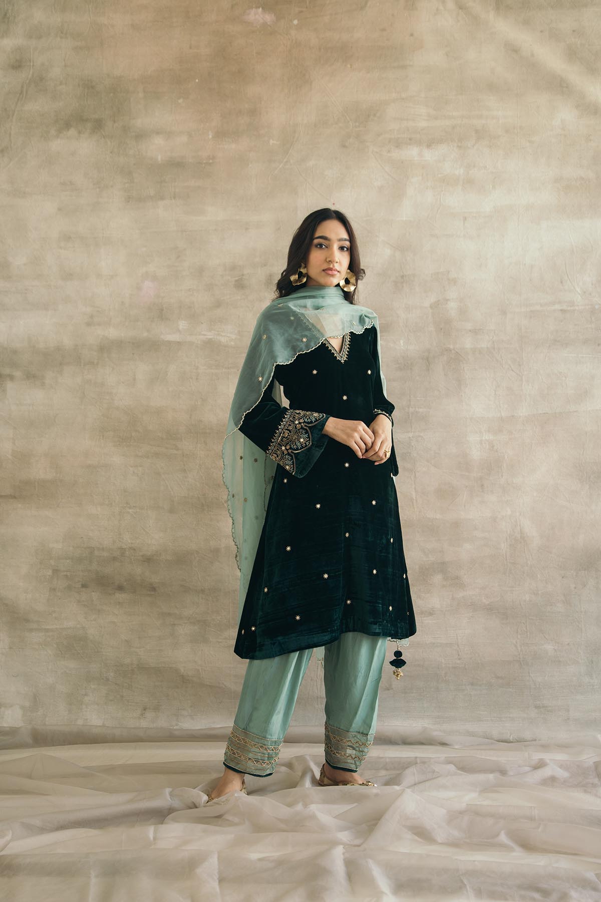 Silk Velvet Contrast Kurta Set