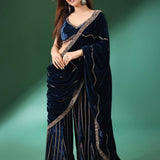 Peacock Blue Velvet Drape Sharara Set