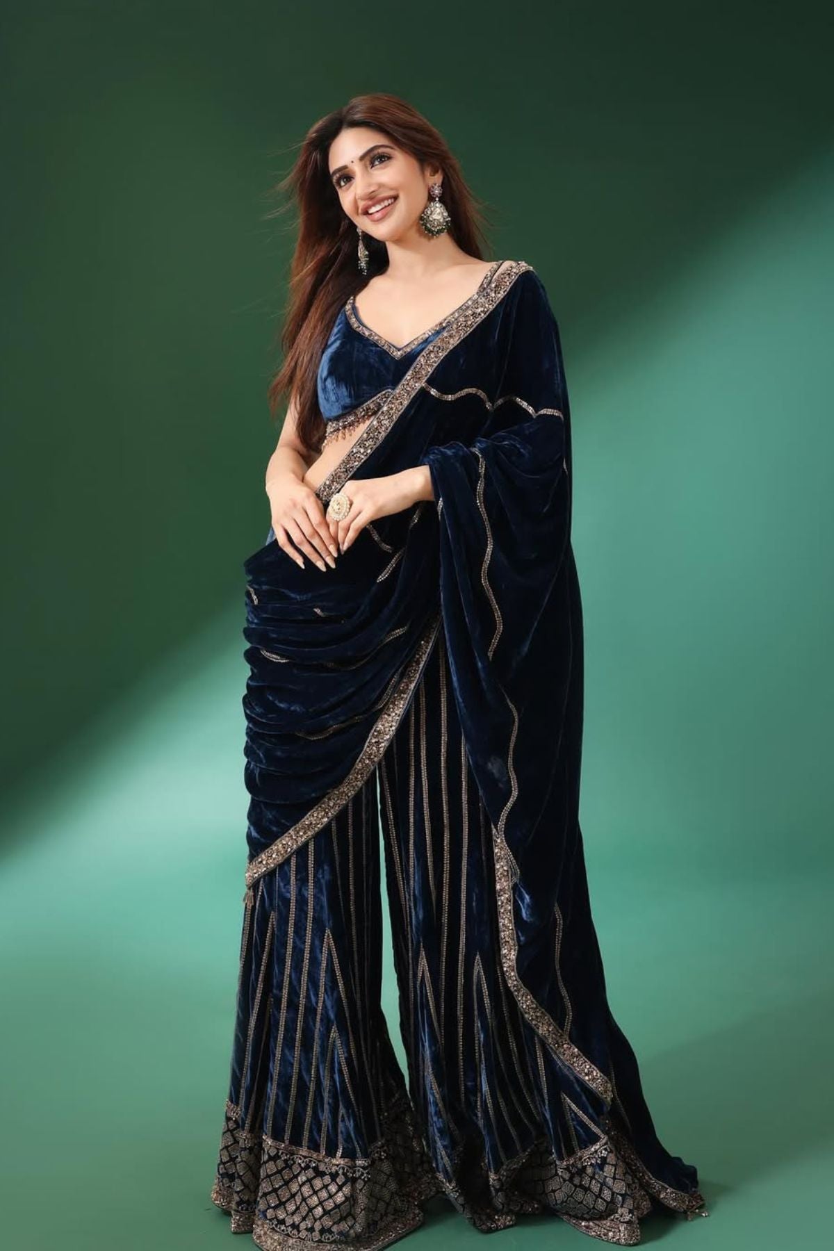 Peacock Blue Velvet Drape Sharara Set
