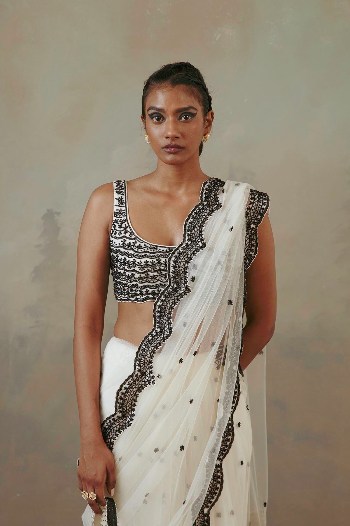 Ebony & Ivory Scalloped Saree