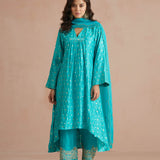 Firozi Asymmetrical Bandhani Kurta Set-HYD