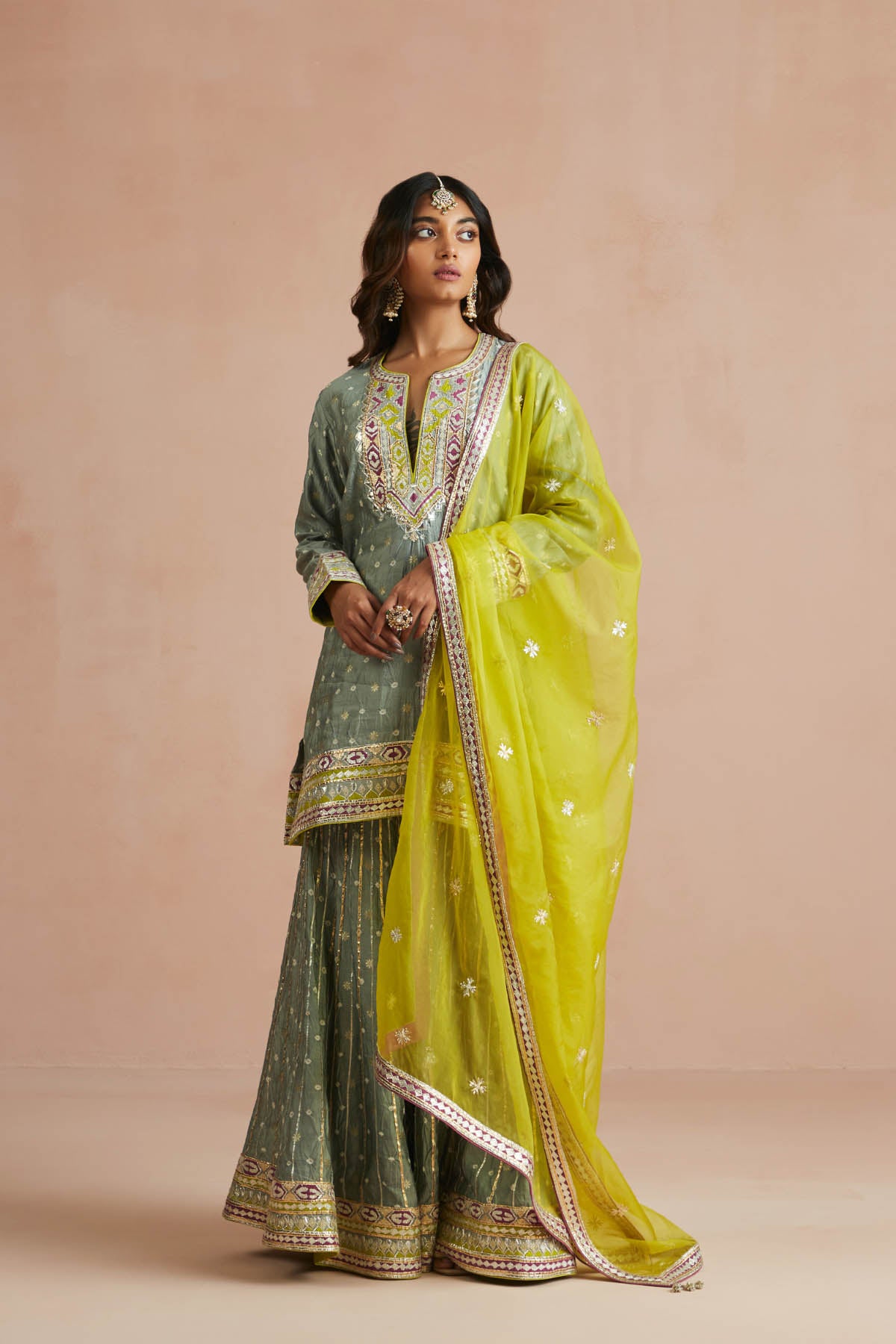 Iced Grey Bandhani Embellished Gharara Set-RTS