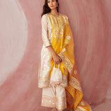 Ivory & Yellow Color Block Kurta Set-RTS
