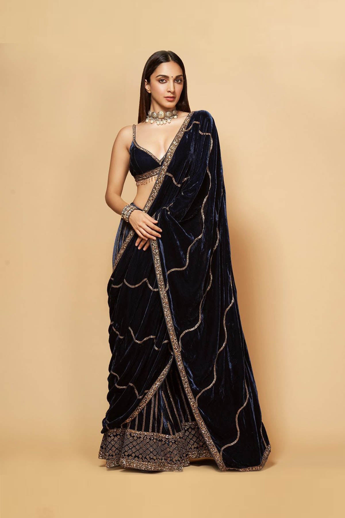 Peacock Blue Velvet Drape Sharara Set