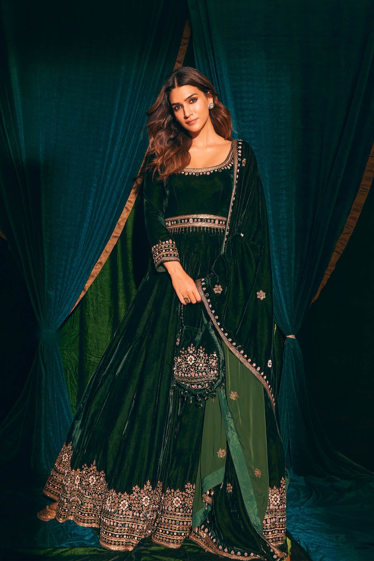 Bottle Green Velvet Embroidered Anarkali