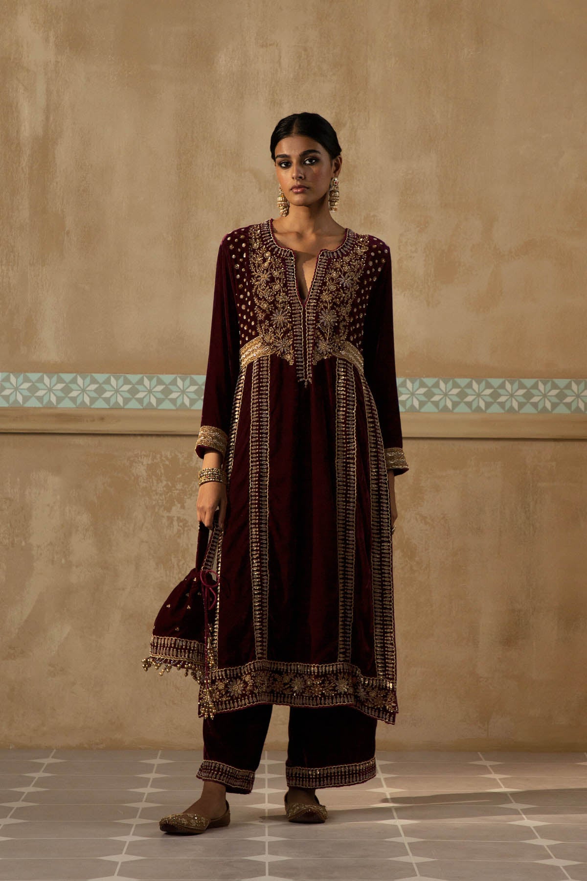 Mulberry Embroidered Long Kurta Set