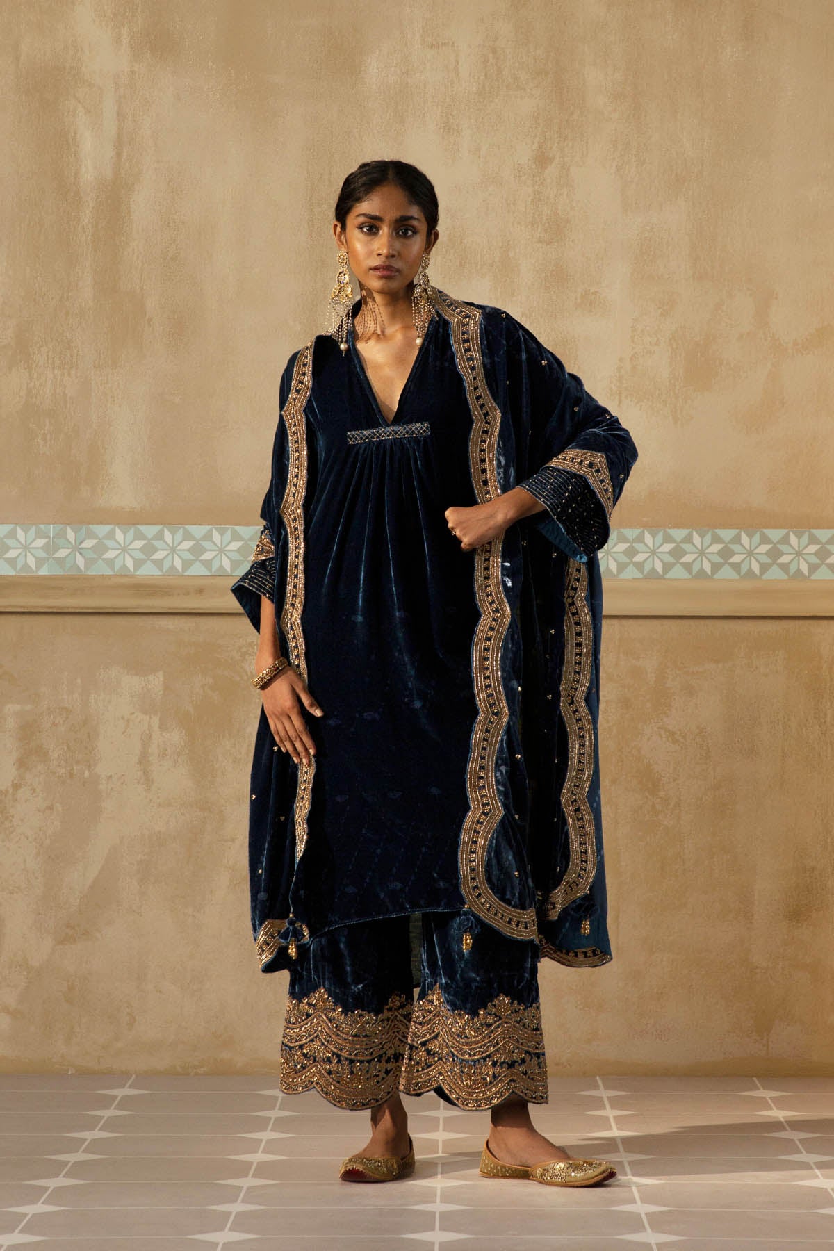 Asymmetrical Silk Velvet Kurta Set-RTS