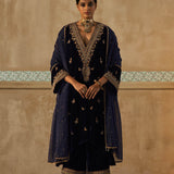 Navy Embroidered Mughal Yoke Kurta Set-RTS