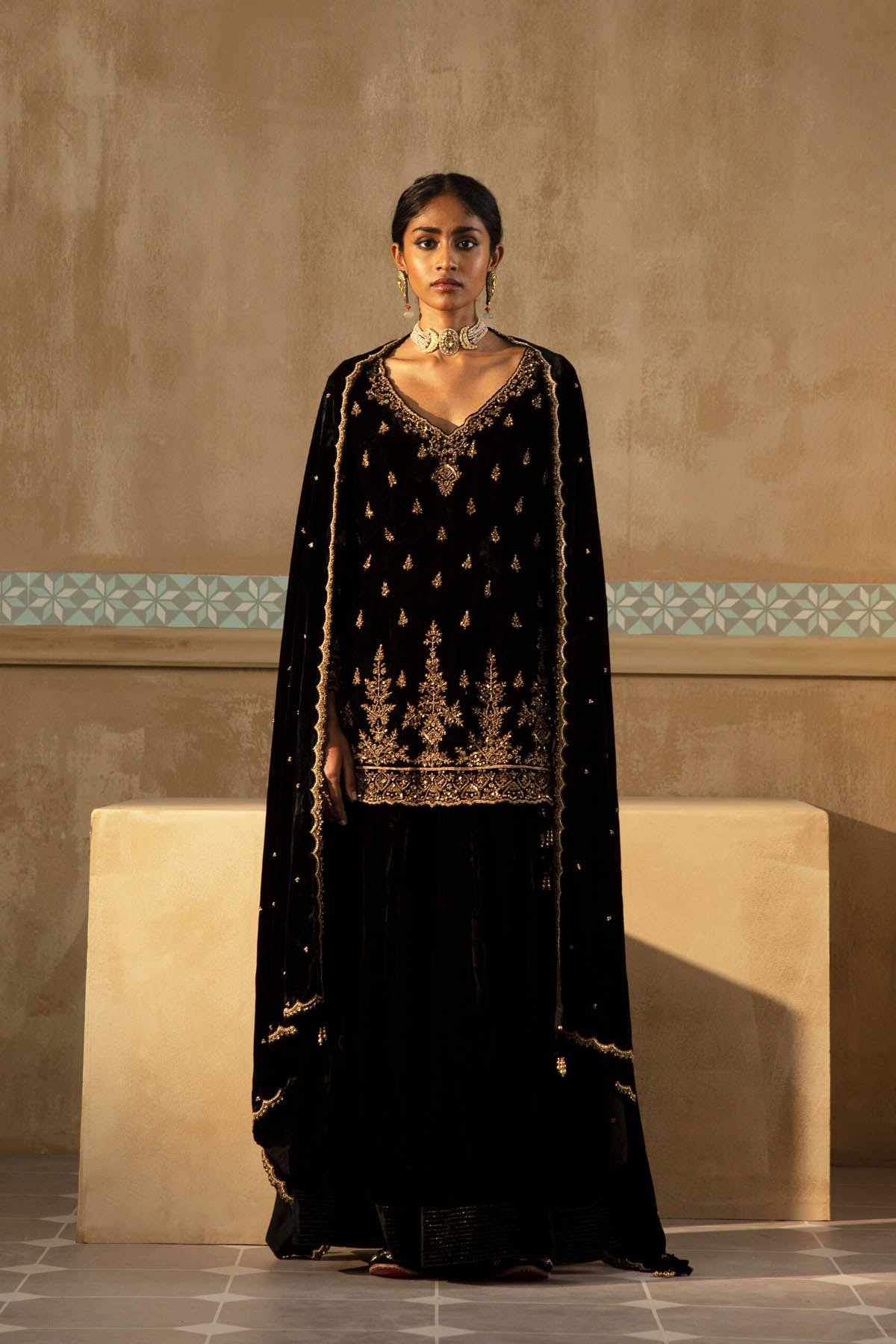 Black Velvet Fitted Gharara Set