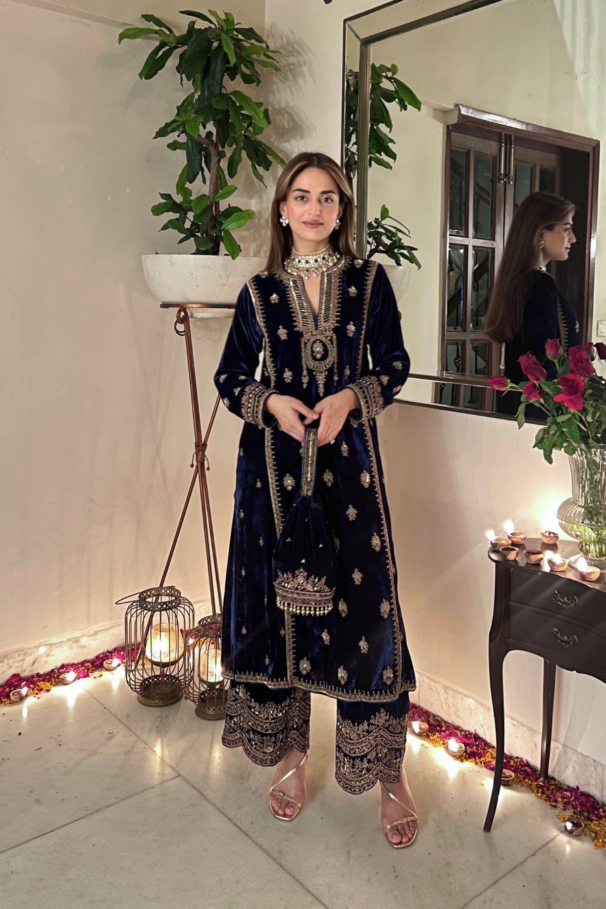 Custom Silk Velvet Embroidered Mughal Kurta Set