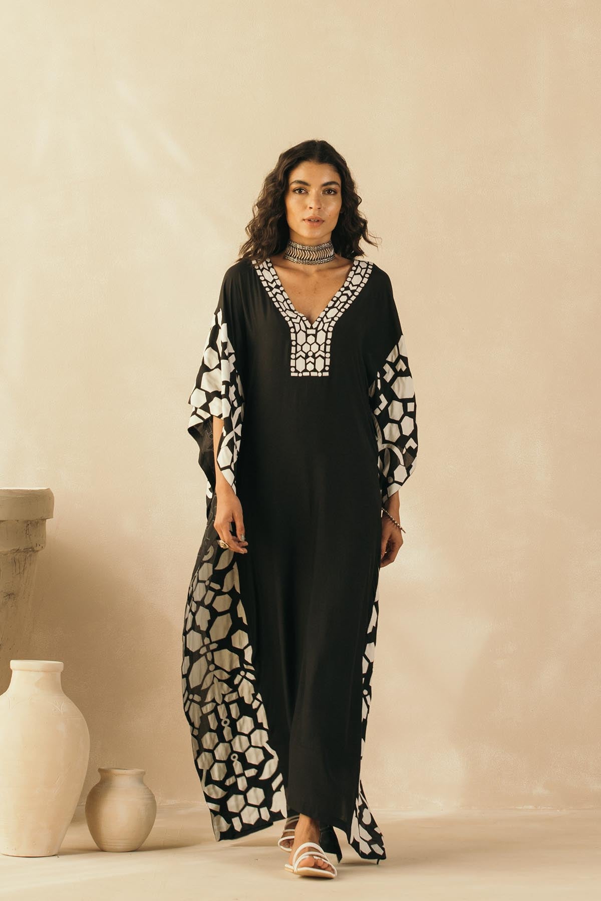 Midnight Black Abstract Appliqued Kaftan