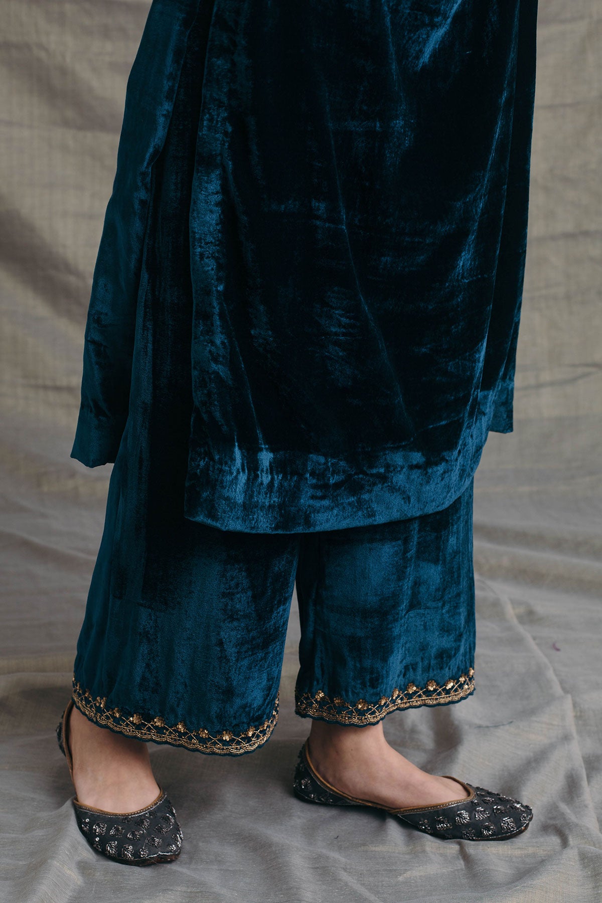 Peacock Blue Silk Velvet Kurta Set