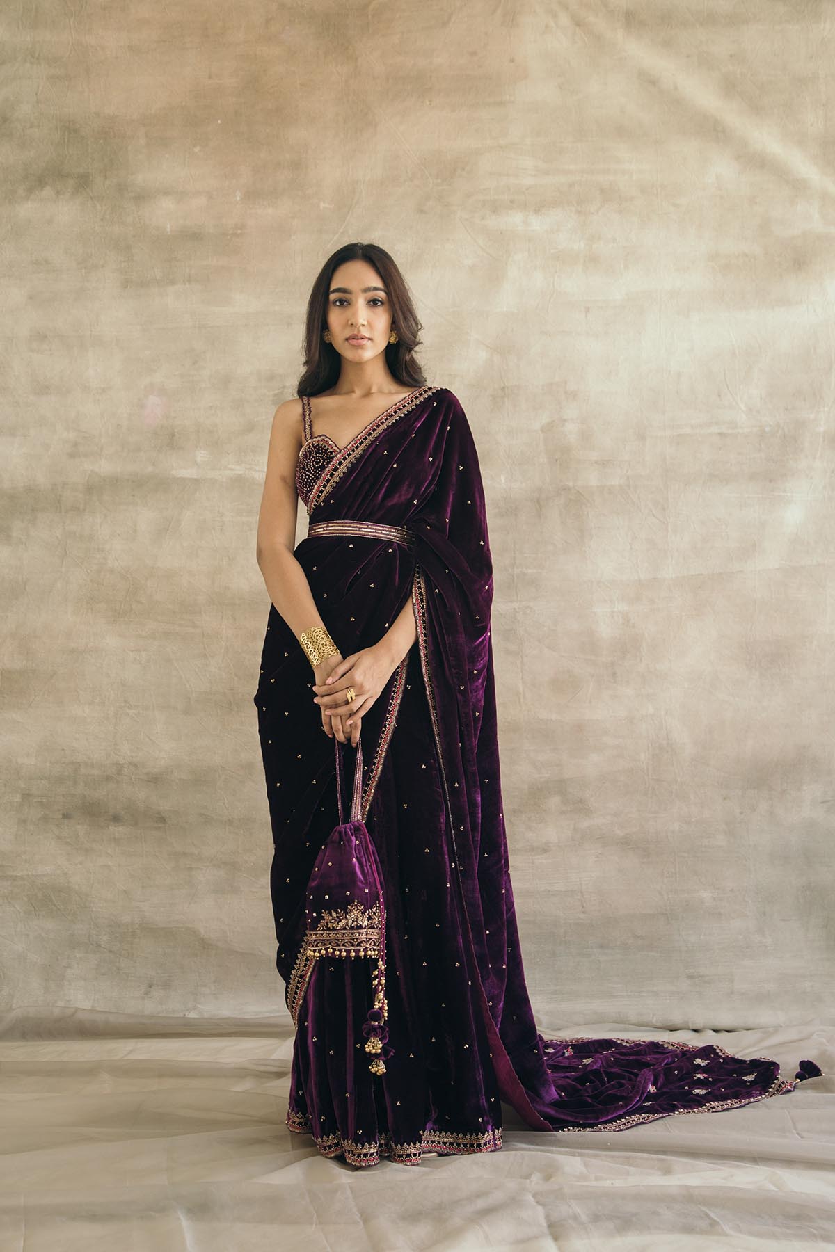 Plum Embroidered Silk Velvet Retro Sari