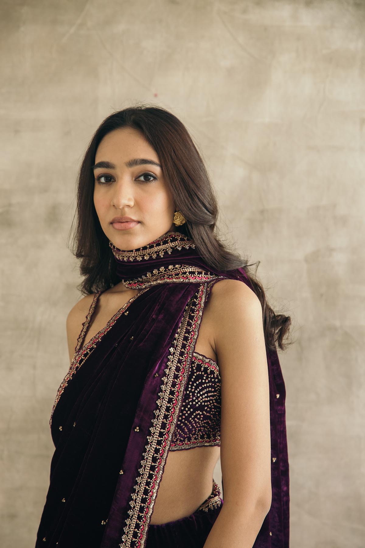 Plum Embroidered Silk Velvet Retro Sari