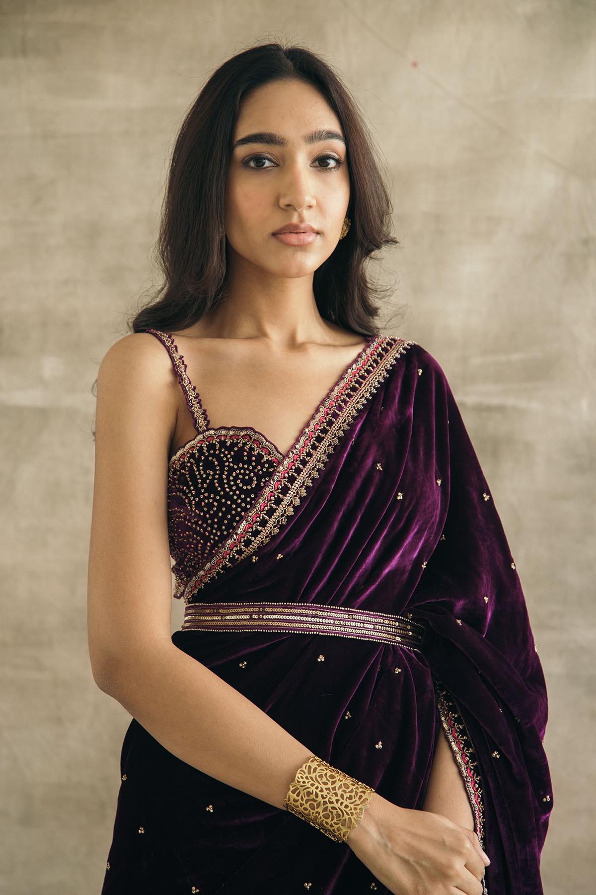 Plum Silk Velvet Retro Sari-RTS