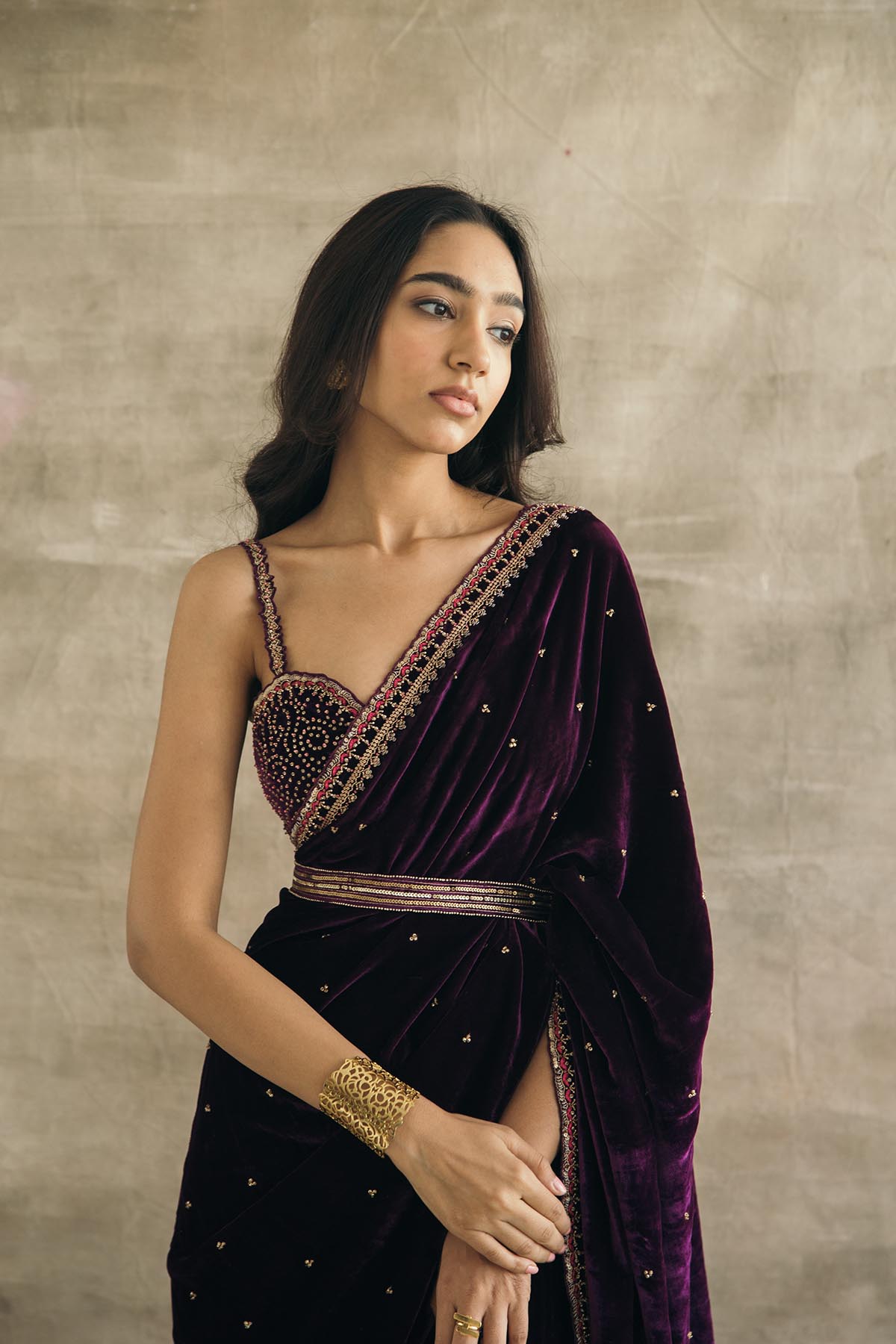 Plum Silk Velvet Retro Sari-RTS