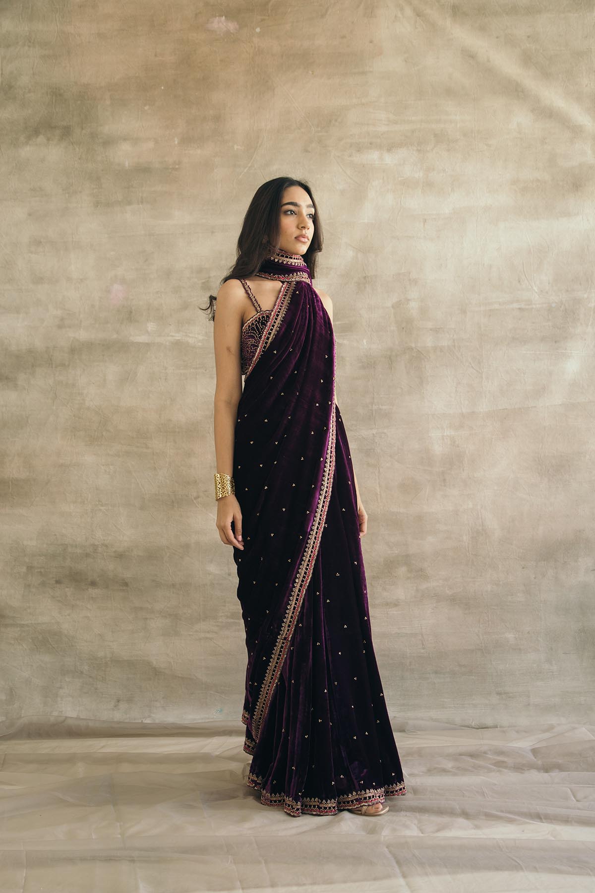 Plum Embroidered Silk Velvet Retro Sari