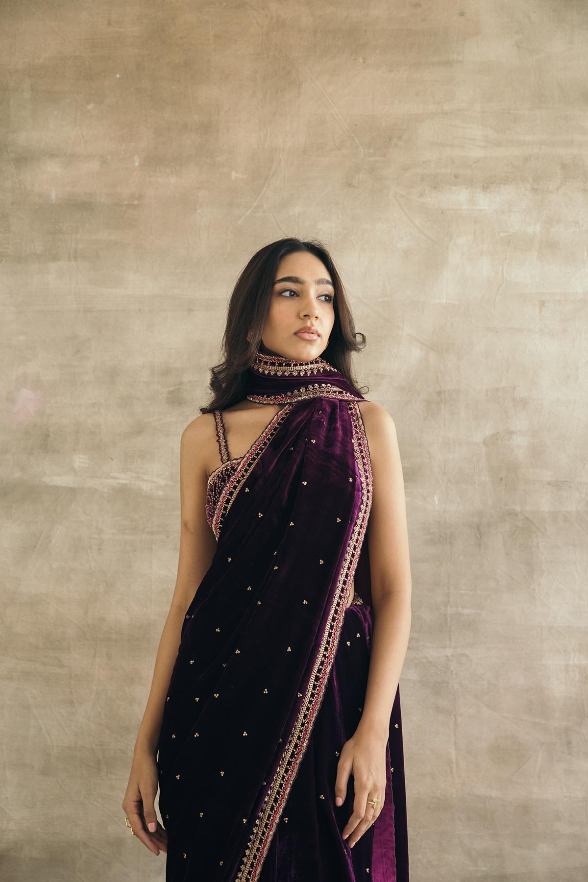 Plum Embroidered Silk Velvet Retro Sari