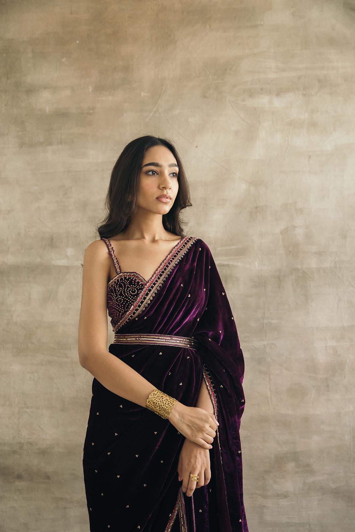 Plum Embroidered Silk Velvet Retro Sari