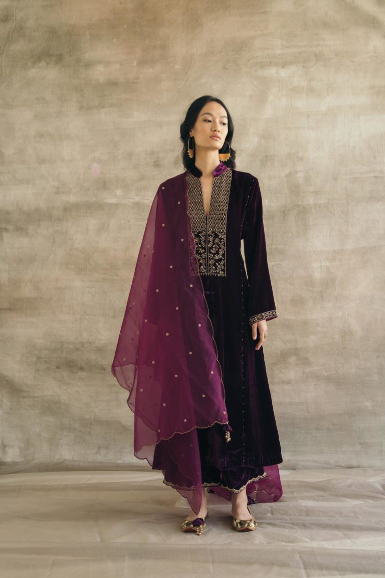 Plum Kalidaar Velvet Kurta Set - Light