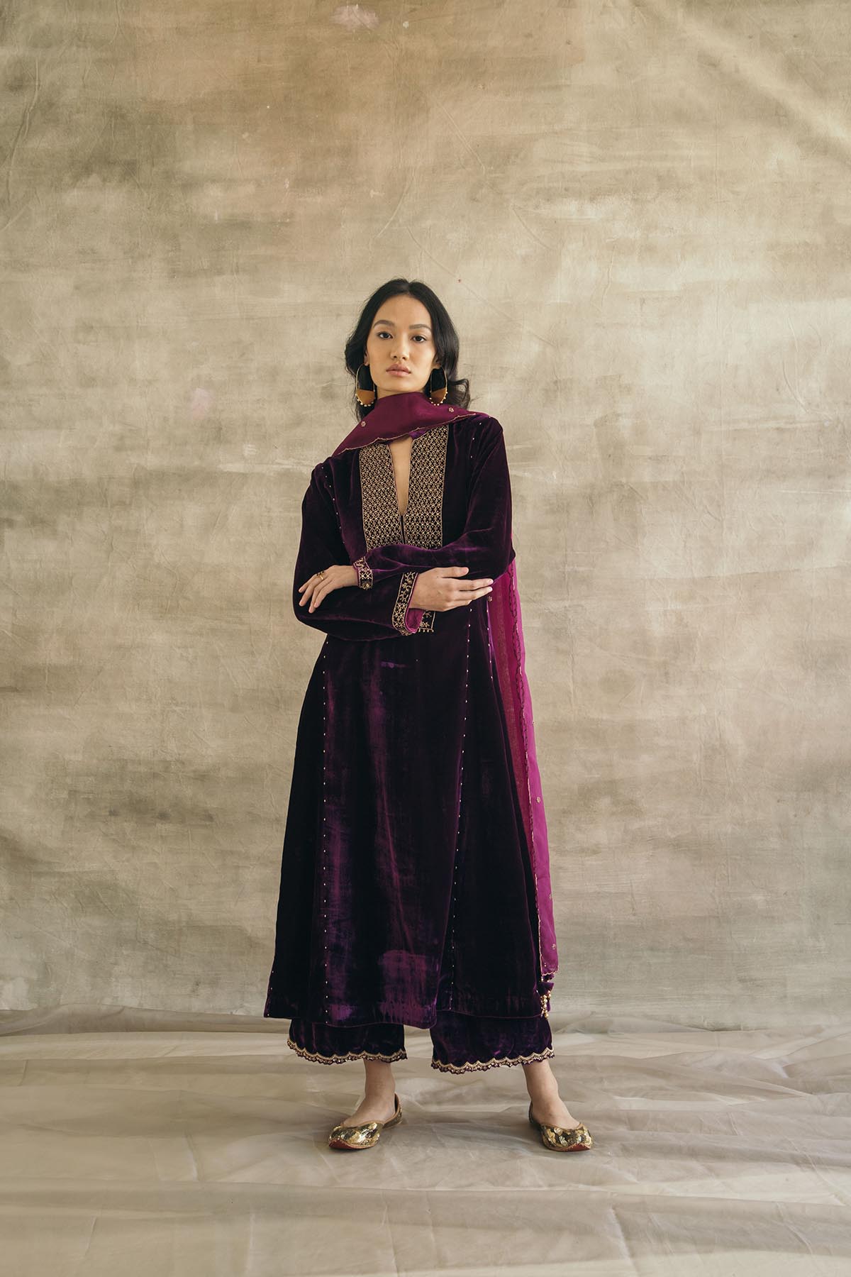 Plum Kalidaar Velvet Kurta Set - Light-RTS