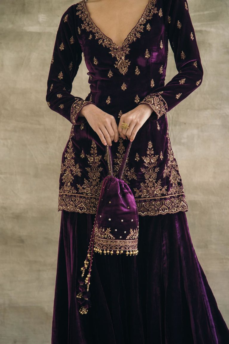 Plum Velvet Fitted Gharara Set