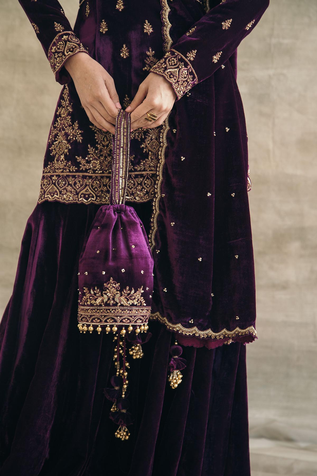 Plum Velvet Fitted Gharara Set